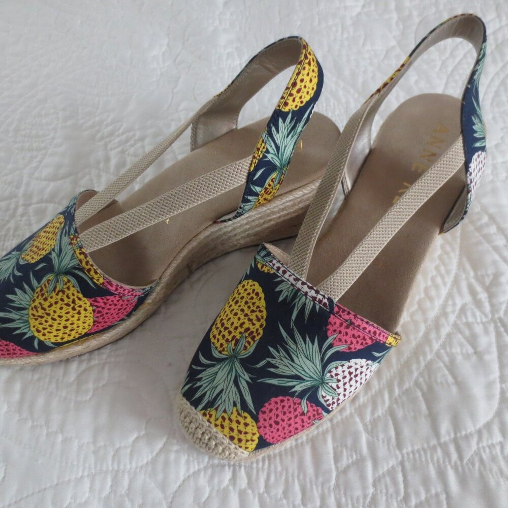 Navy Blue Tropical Pineapple Print Espadrille Wedges - Picture 2 of 8